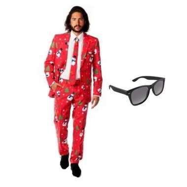 Heren kostuum met kerst print maat 56 (3xl) met gratis zonnebril