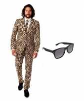 Heren kostuum met luipaard print maat 46 s met gratis zonnebri