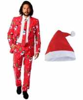 Heren opposuits kerst kostuum rood met kerstmuts maat 56 3xl